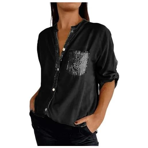 Generic camicetta da donna casual con scollo a v e bottoni, camicia estiva a tinta unita, per yoga, camicie da donna, nero , 4xl