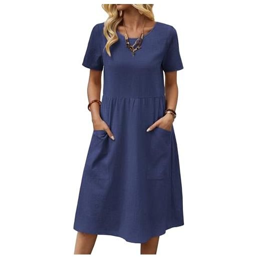 Zeagoo vestito estivo da donna in lino casual a maniche corte con scollo rotondo midi elegante al ginocchio casual estivo tinta unita con tasche blu navy m