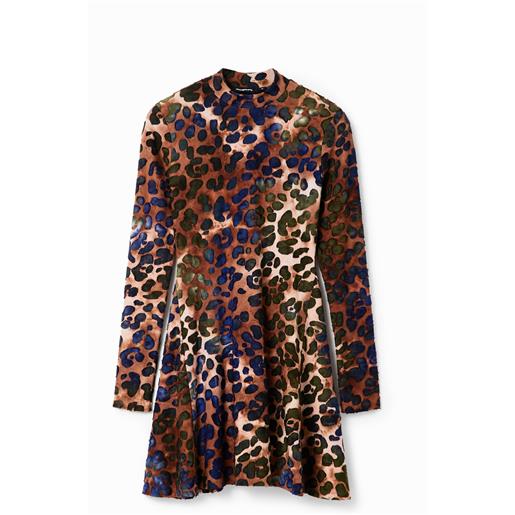 Desigual, abito skater corto stampa animalier, marrone, l
