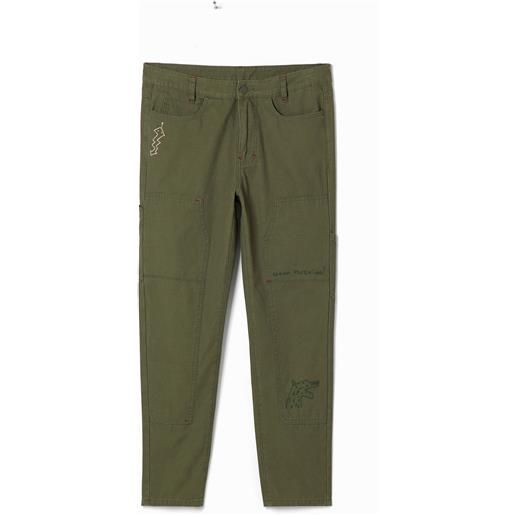 Desigual, pantaloni lunghi dritti con ricami. , uomo, cotone, verde, 28