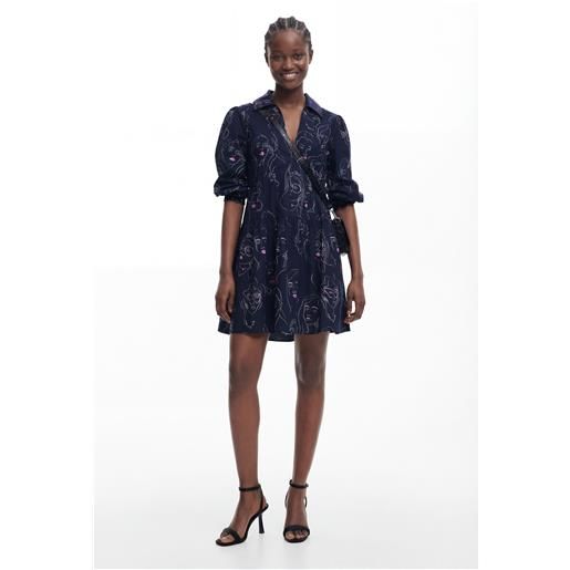 Desigual, vestito mini con facce, cotone, blu, m