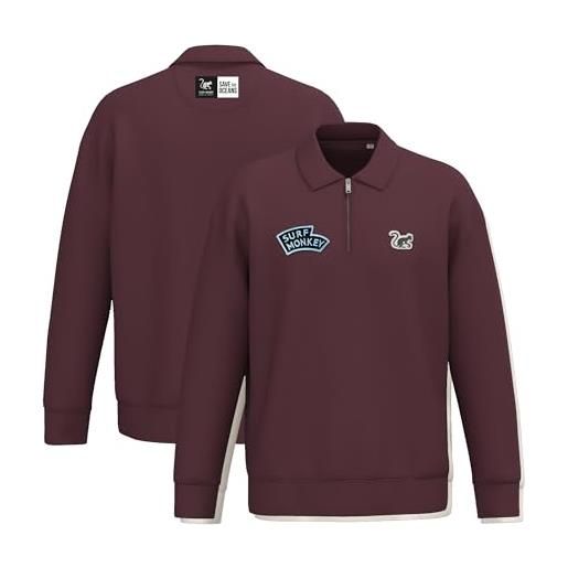 Surf Monkey felpa con zip 1/4 - collo a polo - cotone biologico, granata, m