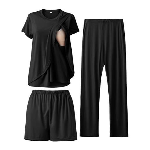 SUNNYBUY set di 3 pigiama da allattamento dopo la nascita, casual, morbido, pigiama premaman, biancheria da notte, loungewear, strato di abbigliamento, nero , l
