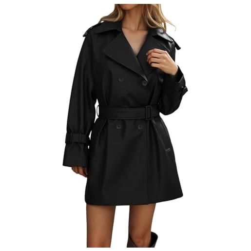 Generisch giacca in pelle da donna lunga trench doppio petto giacca invernale elegante cappotto in pelle con colletto rovesciato, giacca antivento, effetto pelle pu, giacca a vento con cintura, nero