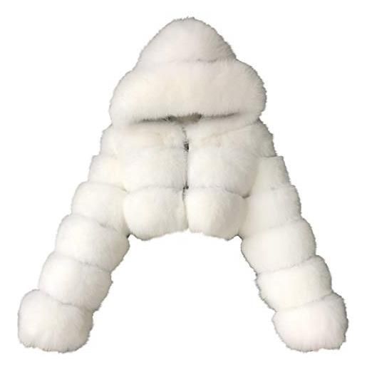 Generic capispalla con cappuccio splicing peloso donne lungo faux manica corta caldo cappotto delle donne, bianco, s