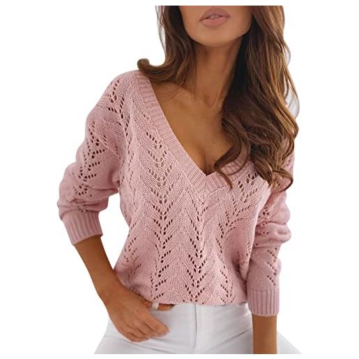Generic maglione corto da donna, a maniche lunghe, con scollo a v, casual, tinta unita, con scollo a v, maglione sexy, comodo, elegante, alla moda, maglione corto, rosa, m