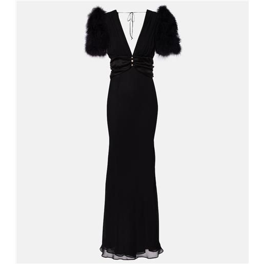 Alessandra Rich abito lungo in georgette di seta con piume
