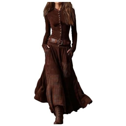 XUSAI rosso, m, abito lungo western vintage da donna. Abito casual in pelle scamosciata patchwork scozzese lungo a maniche lunghe con colletto alla coreana