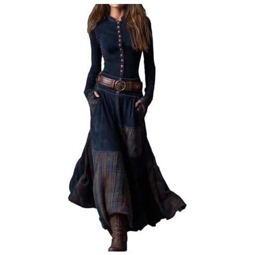 XUSAI blu, l, abito lungo western vintage da donna. Abito casual in pelle scamosciata patchwork scozzese lungo a maniche lunghe con colletto alla coreana