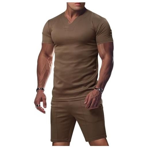 Gefomuofe camicie da uomo alla moda set elegante scollo a v t shorts due pezzi asciugatura rapida maglia manica corta loose pantaloni croce tuta casual, marrone, m