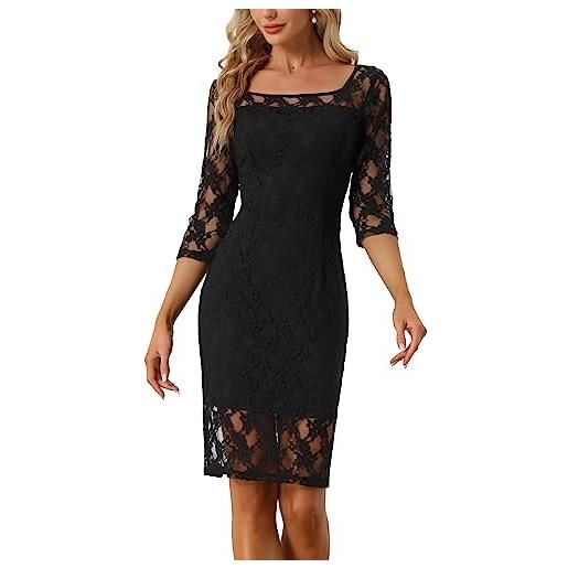 Allegra K abito da donna in pizzo elegante con maniche a 3/4, scollo quadrato, abito da cocktail aderente, nero , xs