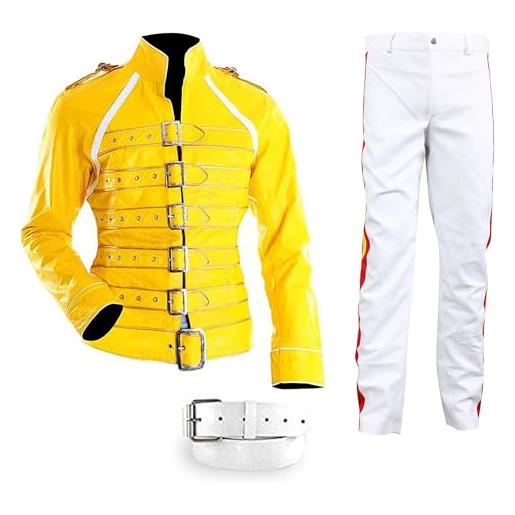 e Genius freddie mercury wembley queen tribute concerto cintura estate moto gialla primavera biker cosplay costume giacca per le donne - giacca in ecopelle gialla, costume freddie in ecopelle gialla, 