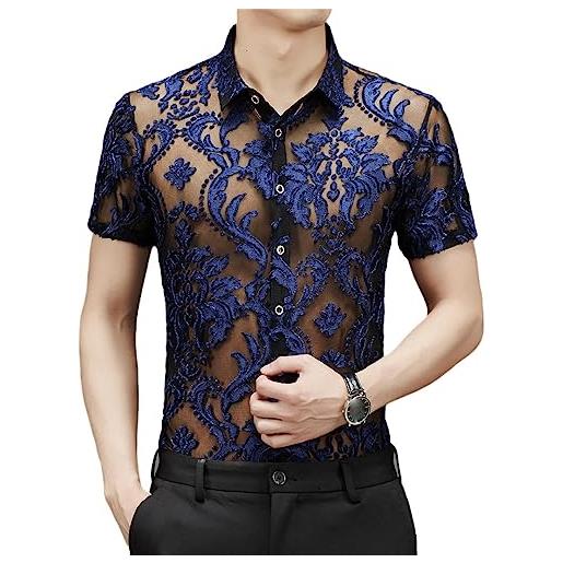 Camicia Uomo Crop Top A Rete Trasparente Maniche Corte, Canottiera Sexy In Mesh, Nero M - 3