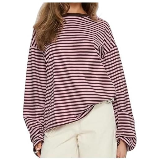 Generic camicia a maniche lunghe a righe da donna y2k oversize girocollo vintage top, magliette autunnali per adolescenti, felpa preppy vestiti autunnali, rosa, s