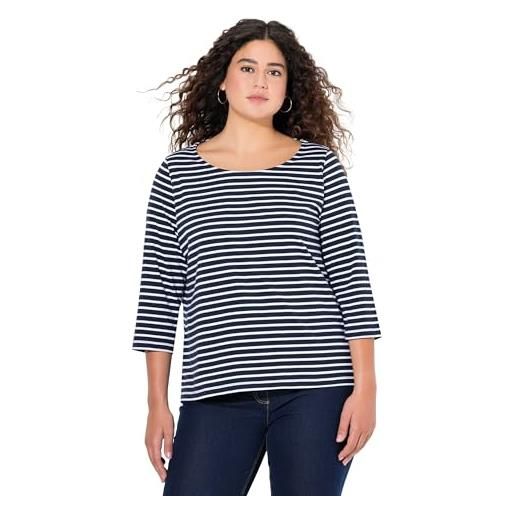 Ulla Popken maglia classica con righe, scollo rotondo e maniche a 3/4 blu notte scuro 58+ 837114130-58+