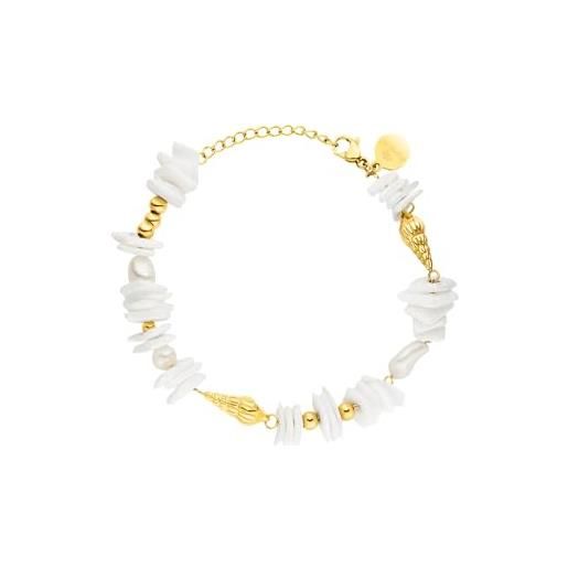 Purelei® Akala - Pulsera para mujer, con conchas y perlas de agua dulce auténticas, acero inoxidable chapado en oro de 18 quilates, color rosa/plata, ajustable de 16 a 19 cm, resistente al