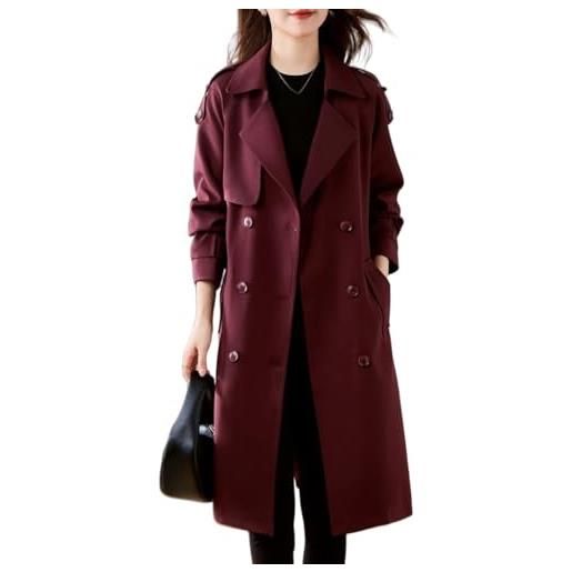 Generico trench lungo classico da donna doppiopetto revers manica lunga antivento con cintura elegante cappotto casual da lavoro elegante cappotto a trapezio bordeaux taglia l