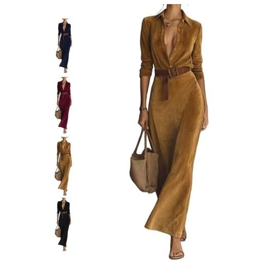 Generic maxi abito da donna in finta pelle scamosciata con cintura, vintage con risvolto elegante a mezzo bottone slim fit con cintura per casual autunno moda, marrone, m