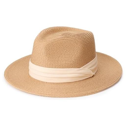 DRESHOW donna cappello panama cappello da spiaggia in paglia fedora cappello arrotolato in paglia a tesa larga cappelli panama upf 50+