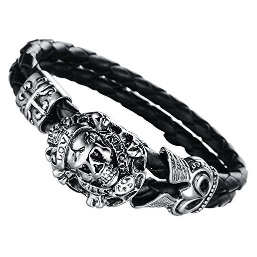 Bracciale Uomo In Acciaio Inox E Pelle Intrecciata - Stile Gotico Punk Con Artiglio