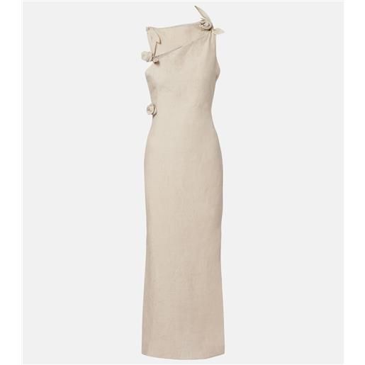 Coperni abito lungo asimmetrico in lino con applicazioni floreali