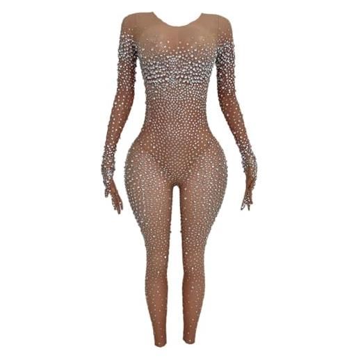 LuuMingCM tuta da donna con diamanti, con guanti, da sera, feste, compleanni, in rete, per performance e balli, nude, taglia unica