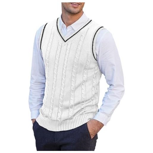 Generisch gilet da lavoro da uomo, senza maniche, motivo a treccia, con scollo a v, taglie grandi, comodo, classico, versatile, da uomo, leggero, traspirante, per il tempo libero, bianco, xl