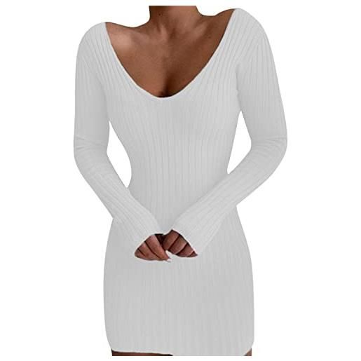 Generisch abito a matita, da donna, elegante, a maglia, corto, con scollo a v, a maniche lunghe, in jersey, tinta unita, per l'autunno, a coste, per il tempo libero, mini abito tubino, bianco, l