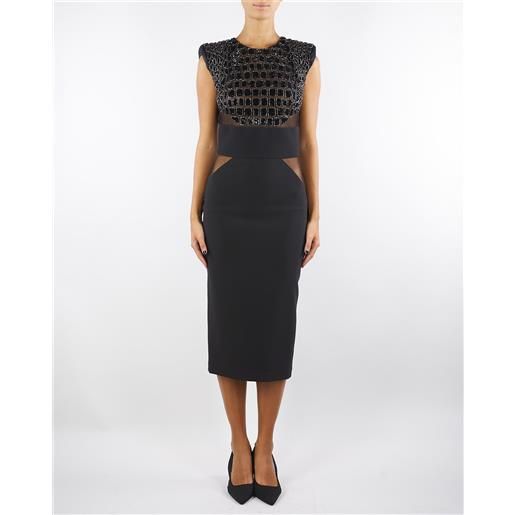 ELISABETTA FRANCHI abito nero in crêpe leggero e tulle con ricami cocco