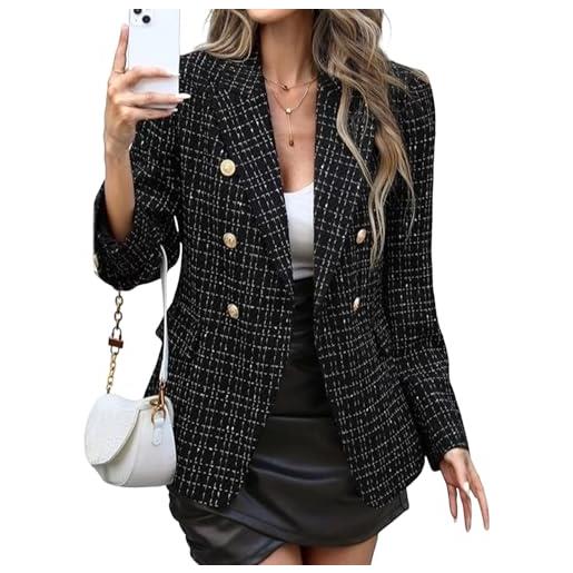 Generic blazer casual in tweed da donna, doppiopetto, giacca aperta sul davanti, abito da lavoro, cappotto per donna, outfit autunnali 2025, nero, taglia piccola