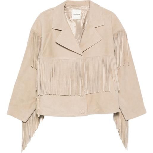 SANDRO giacca in pelle scamosciata con frange - toni neutri