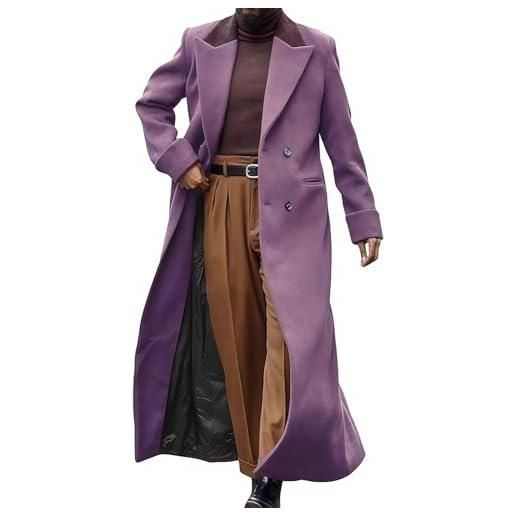 generic trench da uomo casual doppiopetto lungo pisello cappotto con colletto dentellato giacca ispessita autunno inverno caldo soprabito con tasche, viola, xxl