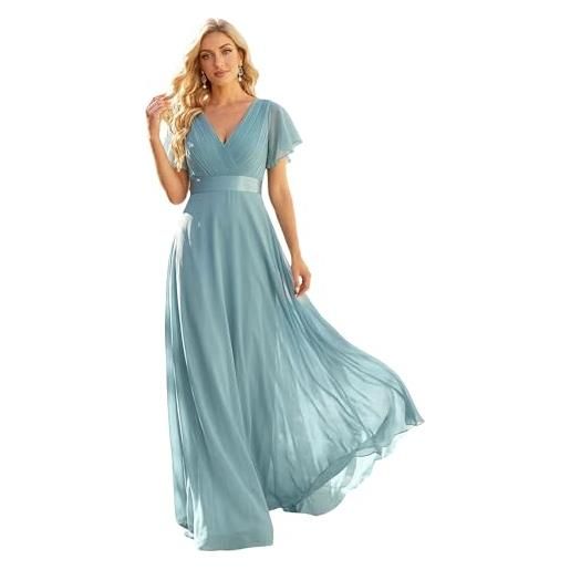 Ever-Pretty abito cerimonia donna a v linea ad a elegante abito da sera classico con maniche a volant blu polveroso 56