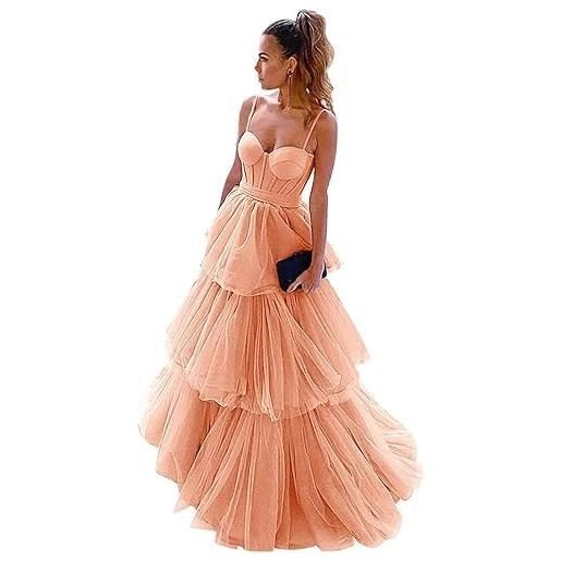 Generic abiti da ballo in tulle con ruches, fiocco lungo, spalline sottili, abiti da festa, linea svasata, corsetto, abito da sera formale a strati, arancione, m