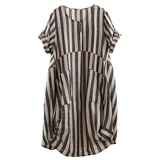 FTCayanz vestito donna manica corta abito tunica midi taglie forti abiti lino camicetta striscia nera xxl