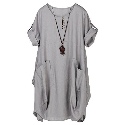 FTCayanz vestito donna manica corta abito tunica midi taglie forti abiti lino camicetta verde scuro 3xl
