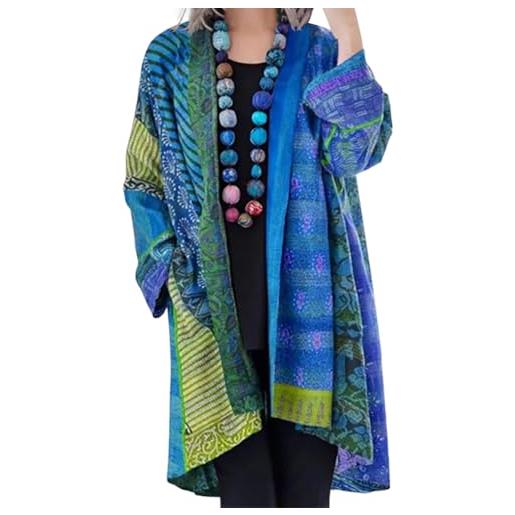 Oanviso cardigan donna lungo etnico colorato multicolore camicia aperta davanti manica lunga cappotto giacca elegante vintage sciolto camicetta copricostume verde xl