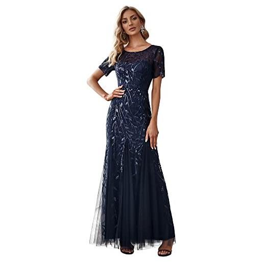 Ever-Pretty vestito da festa donna sirena paillettes tulle abito da sera manica corta lungo blu navy 50