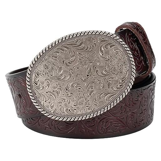 Cintura Uomo In Pelle Bovina Con Fibbia In Lega | Stile Cowboy Western | Motivo Cervo In Rilievo | Regolabile (100-130 Cm) | Larghezza 3.8 Cm