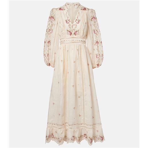Zimmermann abito midi patience in lino con stampa floreale
