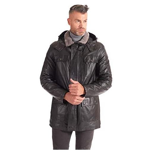 D'Arienzo giaccone in pelle nera uomo giubbotto con cappuccio giubbino cappotto vera pelle made in italy vittorio nero/52