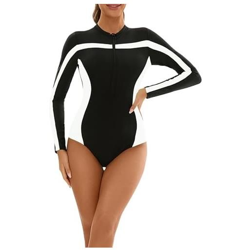 Costume Intero Due Pezzi Donna Con Maniche Lunghe E Protezione UV UPF 50+ - Pantaloncini E Top, Taglie Forti (XXL, Foglie Navy)