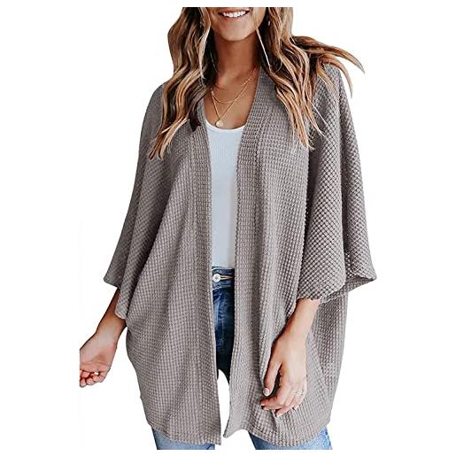 Bienwwow cardigan da donna leggero estivo casual aperto davanti cardigan a nido d'ape maglia a 3/4 manica a pipistrello cardigan moda sciolto tinta unita spiaggia copertura, grigio, l