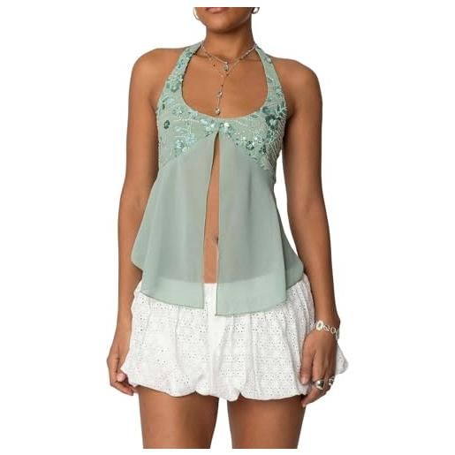 Generico top cami crop in paillettes y2k per donna - orlo diviso con legatura e schienale aperto, perfetto per party