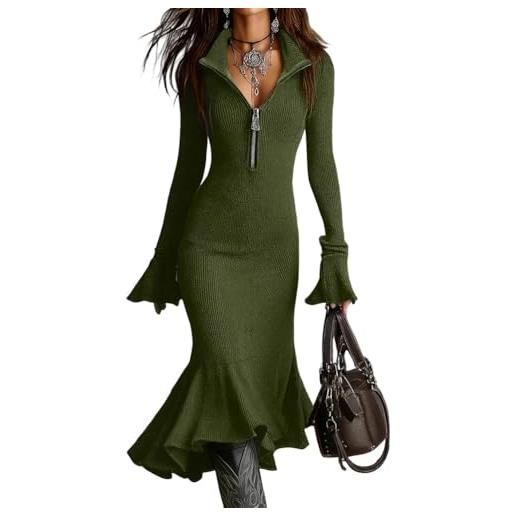 ORANDESIGNE vestito maglia donna invernale elegante vestito maglione aderente lungo abito curvy cerniera vestiti lunghi a army green xs