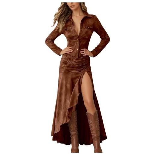 Generisch vestito da donna lungo in pelle scamosciata, abito invernale con bottoni, abito autunnale, elegante, linea a, abito a maniche lunghe, morbido, maxi abito alla caviglia, tinta unita, gold, m