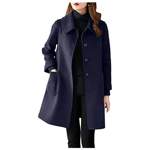 Generisch cappotto di lana da donna, invernale, caldo, di media lunghezza, elegante, in tweed, antivento, lunghezza al ginocchio, con bottoni, autunno e inverno, o blu navy, xxxxl