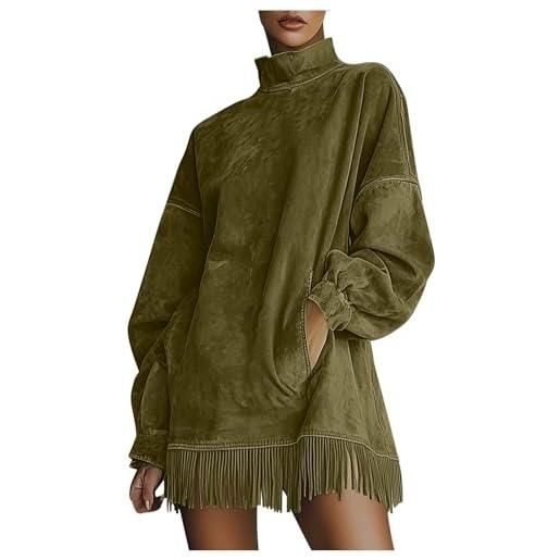 GMQWRK mini abito da donna in finta pelle scamosciata con collo alto elegante con volant a maniche lunghe con tasche e frange orlo con nappe casual con spalle a goccia allentate abito a tunica