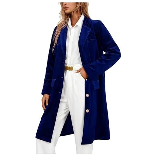Modeewel cappotto donna elegante cappotto di velluto lungo trench outwear manica lunga tinta unita calda cappotto di lana giacca aperta con collo a risvolto e tasche blazer di vell, blu, xl