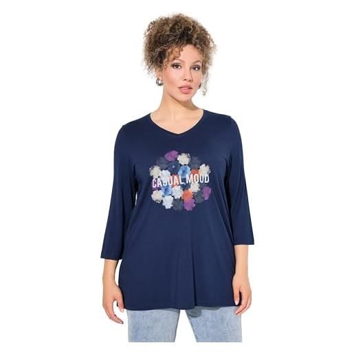 Ulla Popken maglia, fiori, classic, scollo a v, manica 3/4 blu inchiostro 46+ 835045740-46+